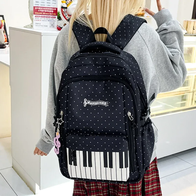sac à dos d'étudiant grande capacité, sac à bandoulière double, imprimé à pois clavier de piano, sac de voyage scolaire, style coréen vintage
