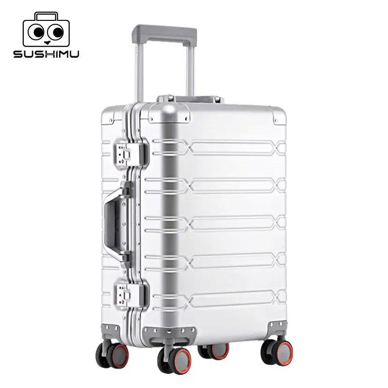 sushimu valise trolley en alliage d'aluminium-magnésium, roue tournante, valise en alliage d'aluminium, boîte, valise d'embarquement par mot de passe