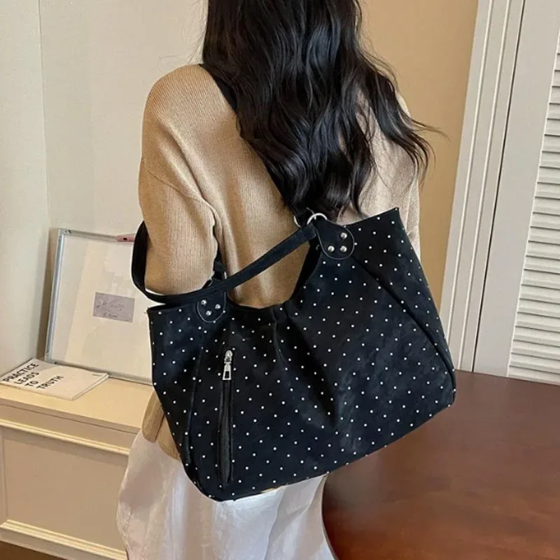 sac à bandoulière vintage grande capacité pour femme coréenne, motif pois, fourre-tout mignon avec fermeture éclair, sac à main décontracté pour l'école, le shopping et le travail