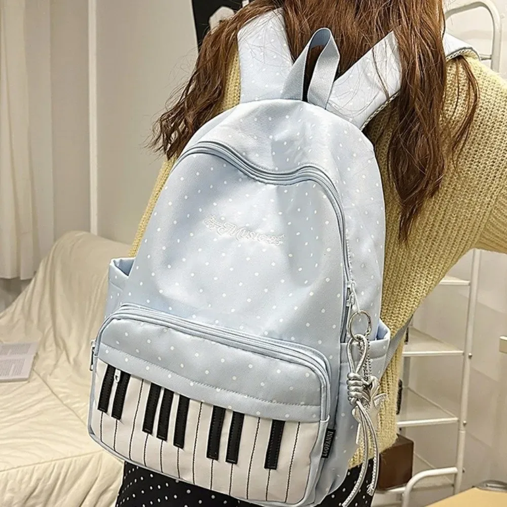 sac à dos en nylon à pois, color-block, mignon, grande capacité, durable, style preppy, motif touches de piano, pour l'école et l'université