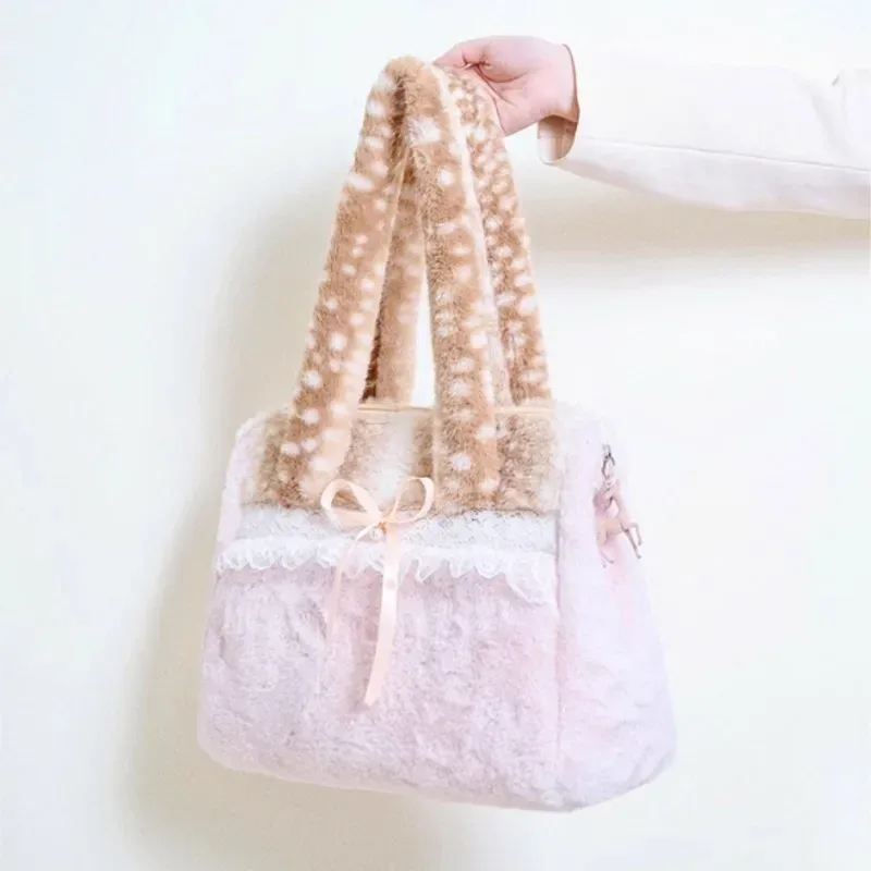 sac fourre-tout en peluche doux et mignon pour femmes, style ballet, dentelle, couleur contrastée, grande capacité, sacs à bandoulière, sacs à main polyvalents harajuku pour femmes
