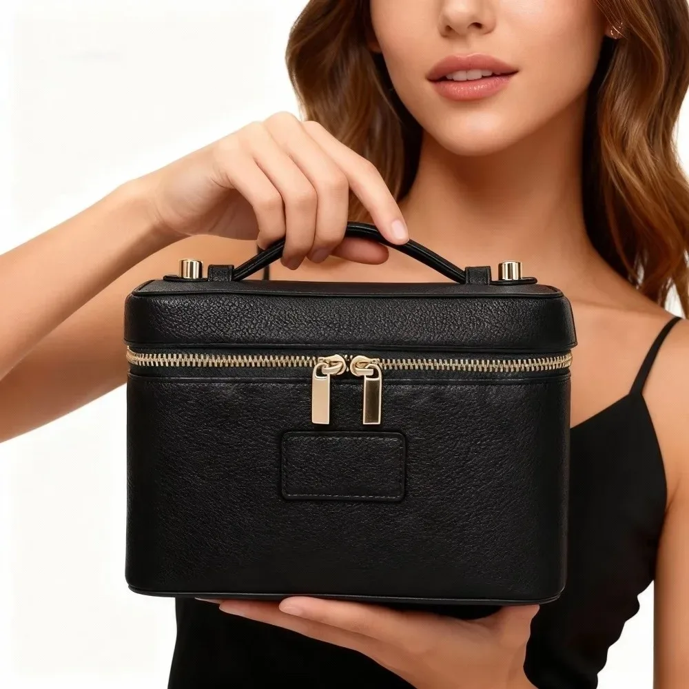 sac de maquillage en cuir pu, forme carrée, trousse de toilette étanche, grande capacité, séparateur amovible, sac de rangement pour appareil photo pour femmes et hommes