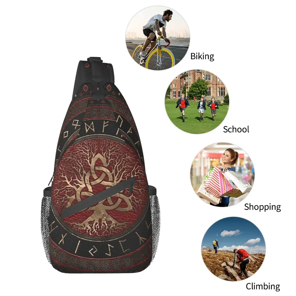 mythologie nordique viking sac à bandoulière sport arbre de vie triquetra sac de poitrine unisexe femmes homme mode épaule sacs à dos voyage
