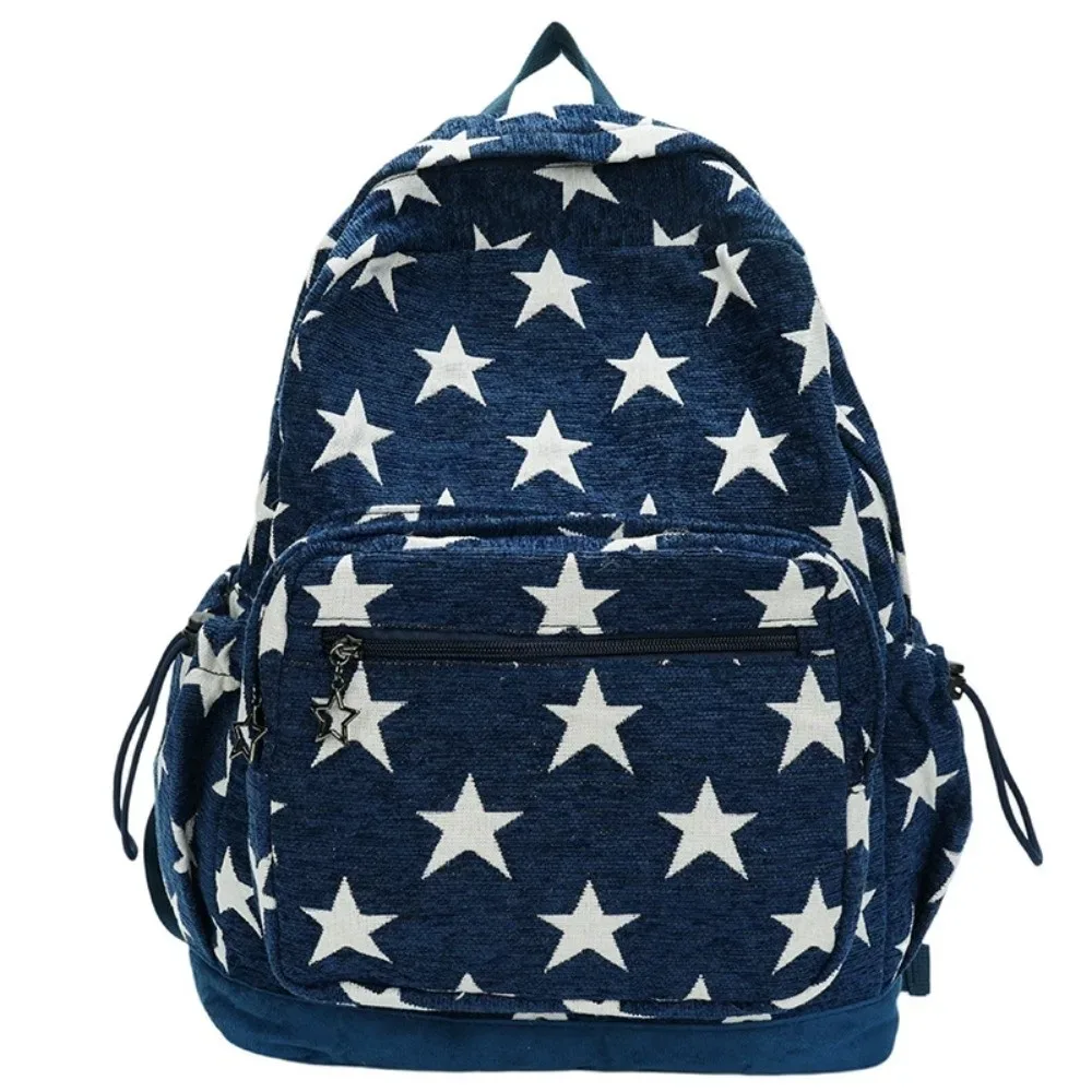 sac à dos à rayures grises de style coréen, multi-poches, léger, imprimé étoiles, bretelles réglables, pour les trajets quotidiens