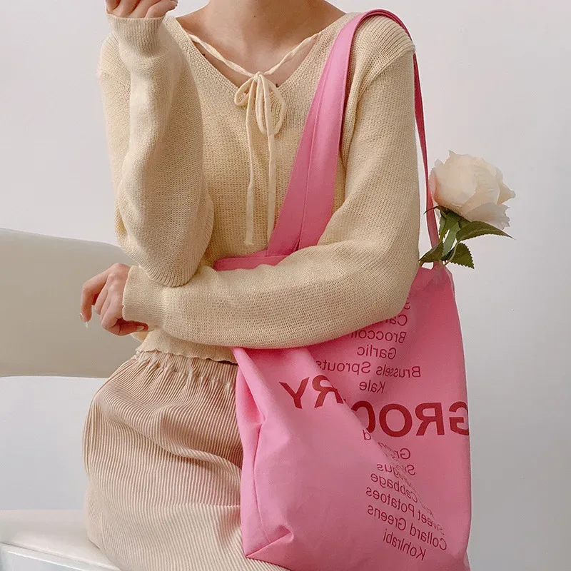 sac de shopping pour femmes, design de liste d'épicerie, sac à bandoulière de couleurs mignonnes pour dames, sac à main en toile écologique, fourre-tout en tissu de coton réutilisable