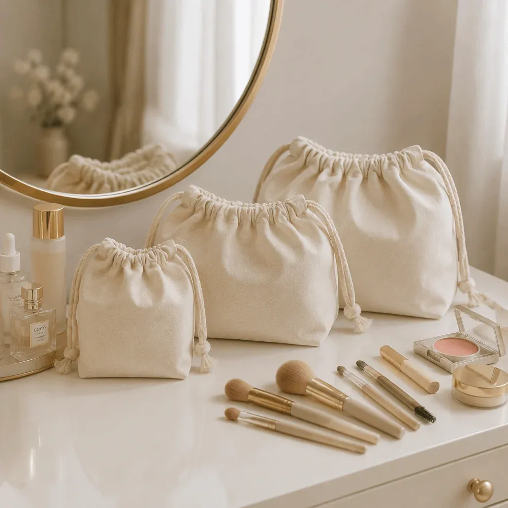 sacs cosmétiques portables en toile avec cordon de serrage, sacs de toilette souples réutilisables, sacs organisateurs de bijoux, cadeaux