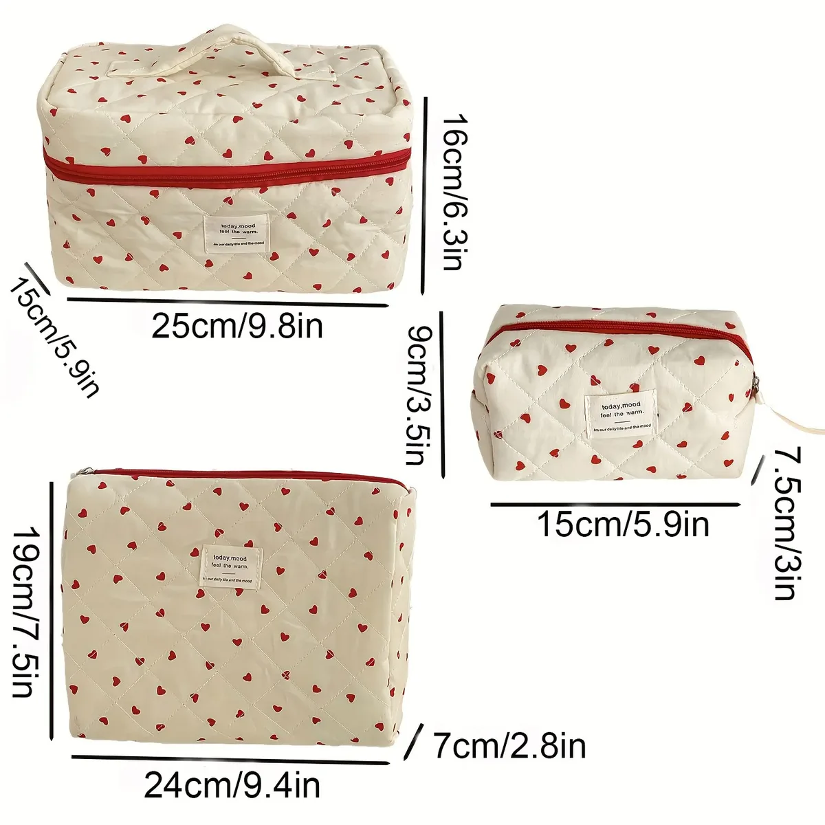sac de maquillage portable pour femmes, sac de rangement rouge love, sac matelassé multifonctionnel de grande capacité, sac de rangement essentiel pour voyage