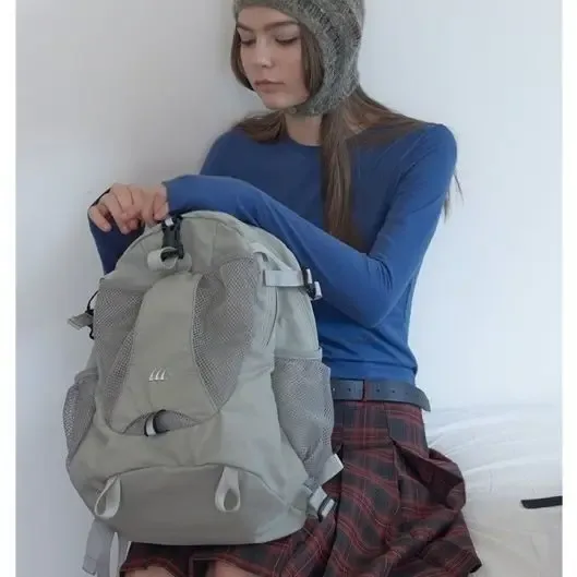 sac à dos en nylon gris coréen y2k pour femmes, sacs à dos de randonnée en plein air légers, sac de cyclisme unisexe, sacs d'école à la mode, haute capacité