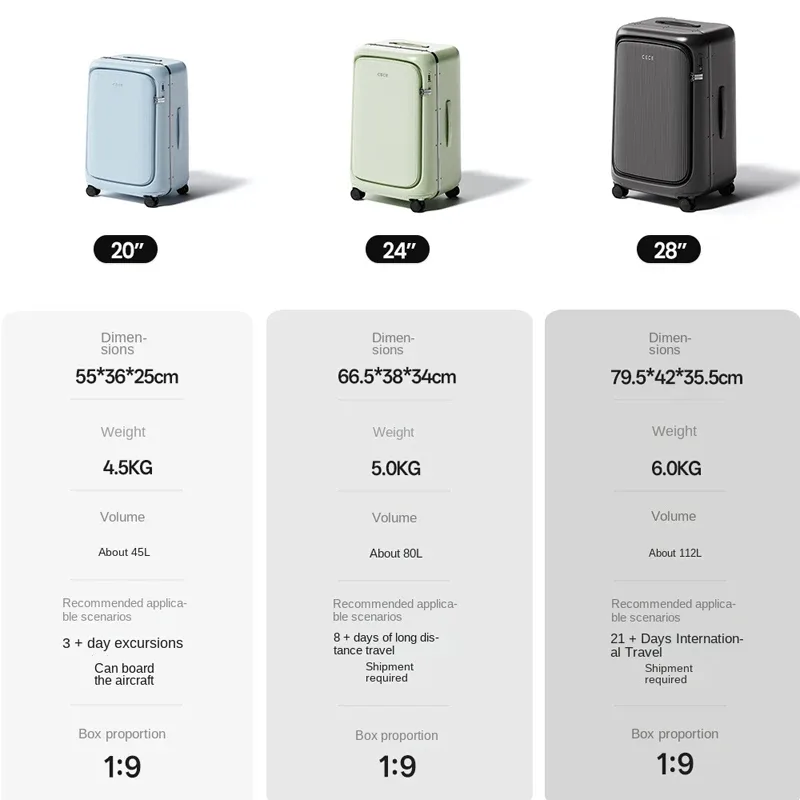 valise légère pour bagages, grande capacité, compartiment profond, ouverture latérale, cadre en aluminium, valise à roulettes de grande taille 20/24/28 pouces