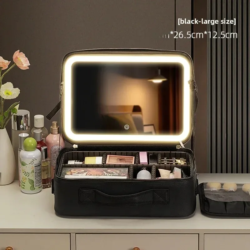 trousse de maquillage grande capacité avec miroir et lumière led, sac de retouche portable professionnel, style ins, couleur unie, autres matériaux
