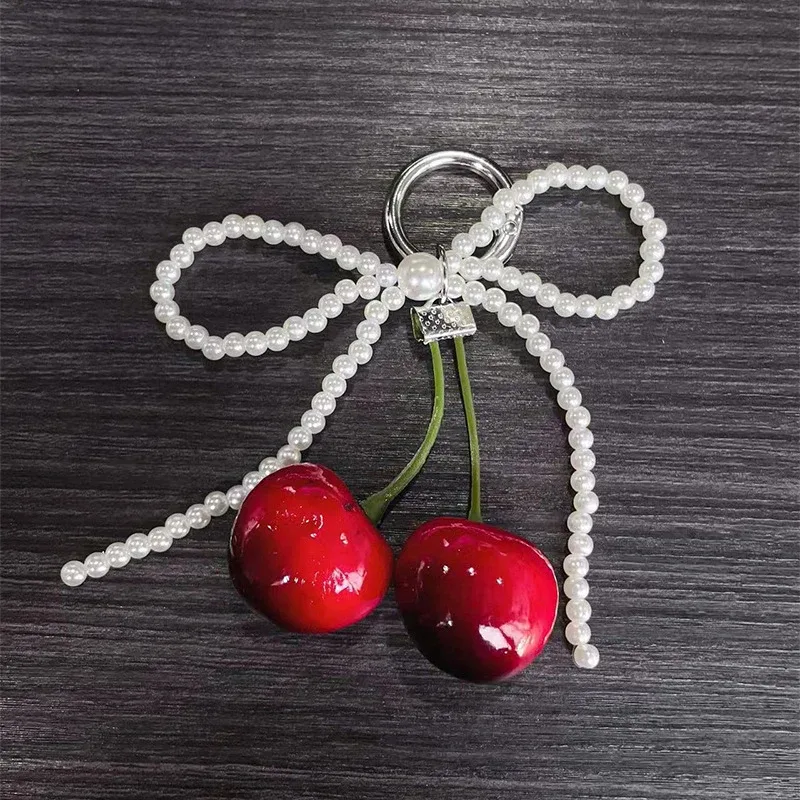 mode perle cerise dentelle nœud papillon sac pendentif à breloque porte-clés cerise voiture porte-clés sac à dos décoration bijoux cadeau pour femmes