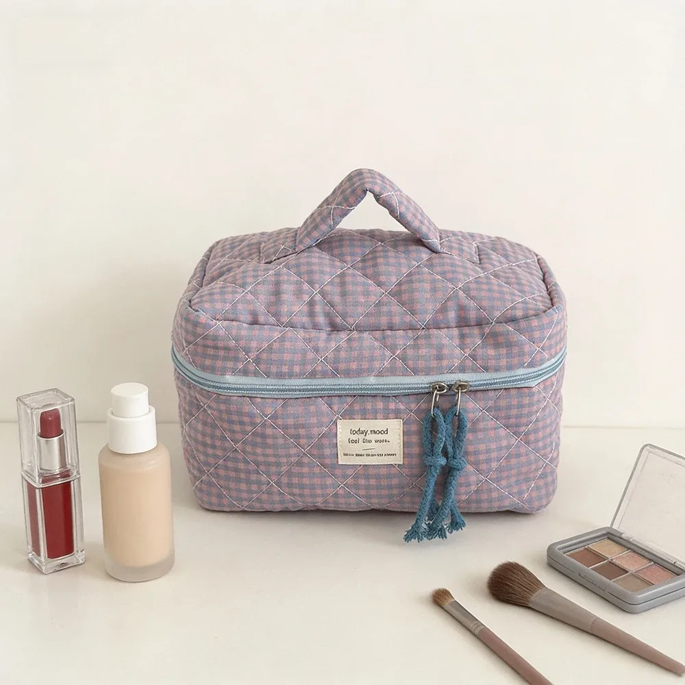 trousse polyester décontractée plaid violet rose orange bleu beige noir géométrique voyage cosmétique toile douce