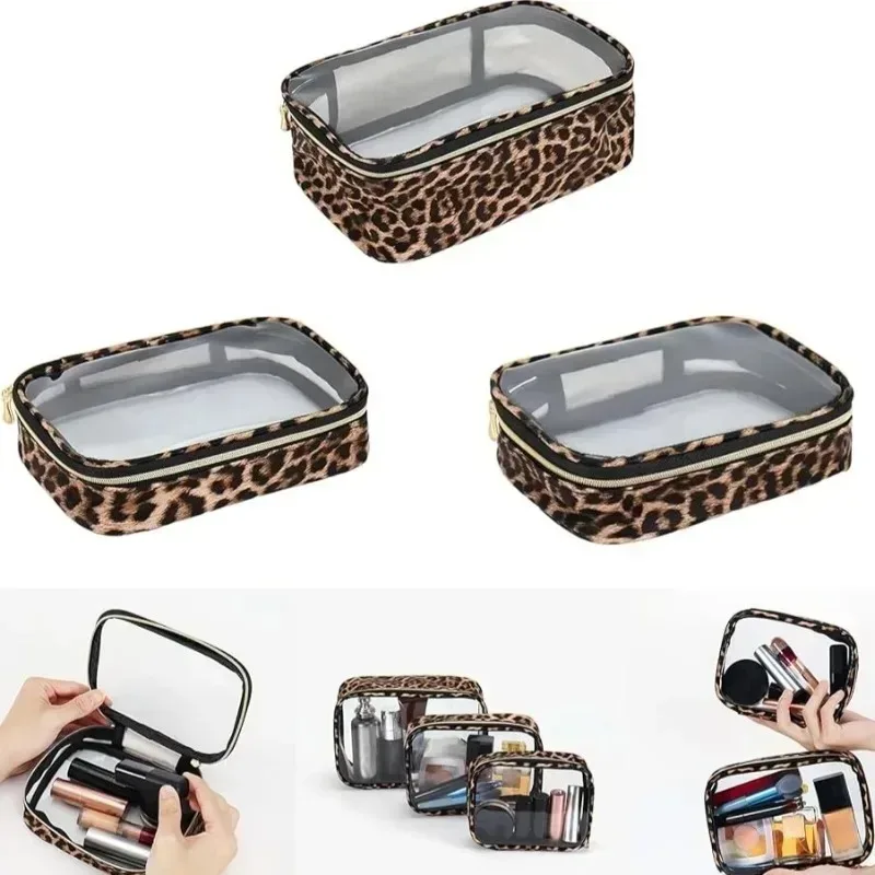 trousse de maquillage léopard imperméable grande capacité, 1/3 pièces, unisexe, transparente, pour voyage, organiseur de cosmétiques, trousse de toilette portable à fermeture éclair