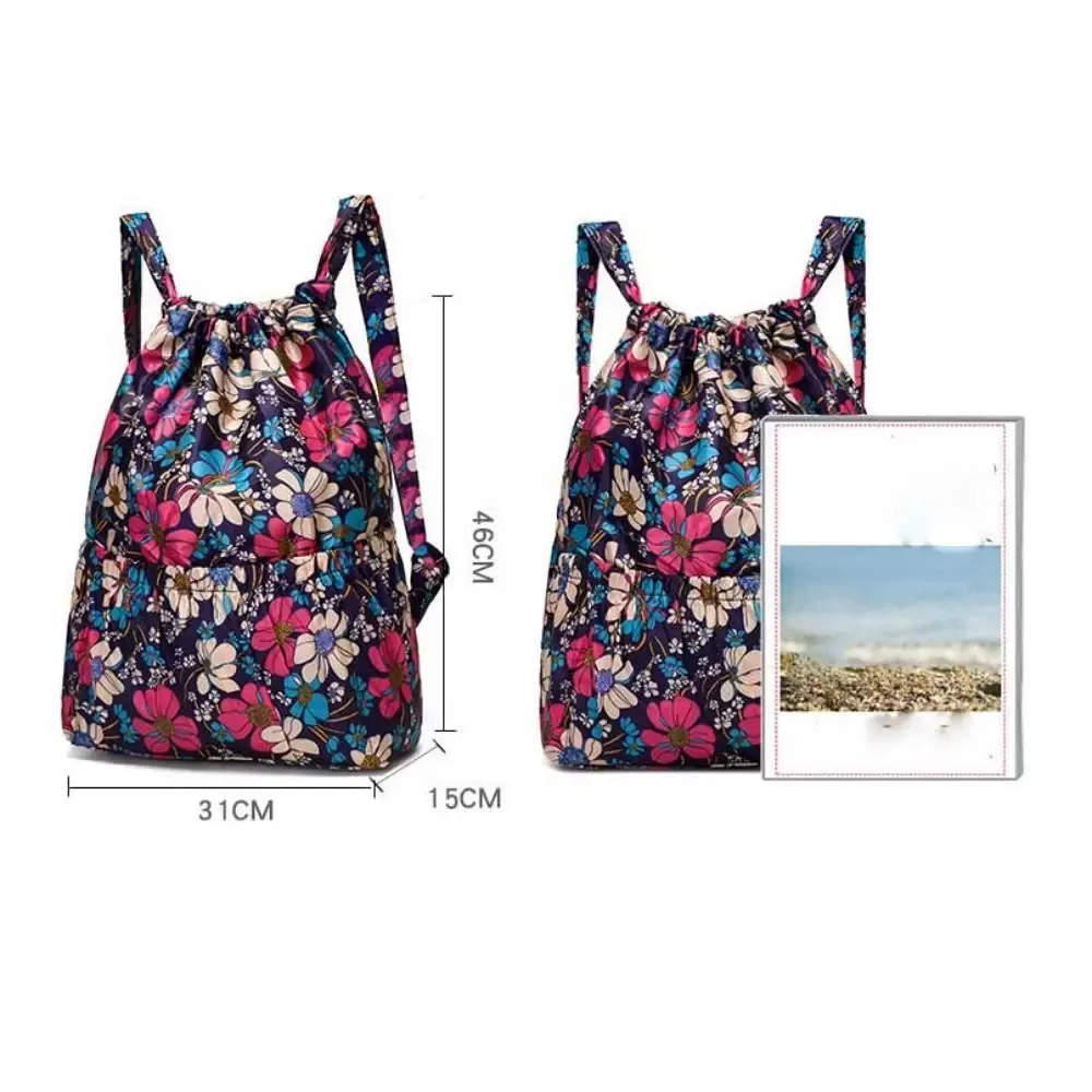 sac à dos décontracté à imprimé floral avec cordon de serrage, imperméable, grande capacité, en polyester, pour le sport et l'école, pour femmes