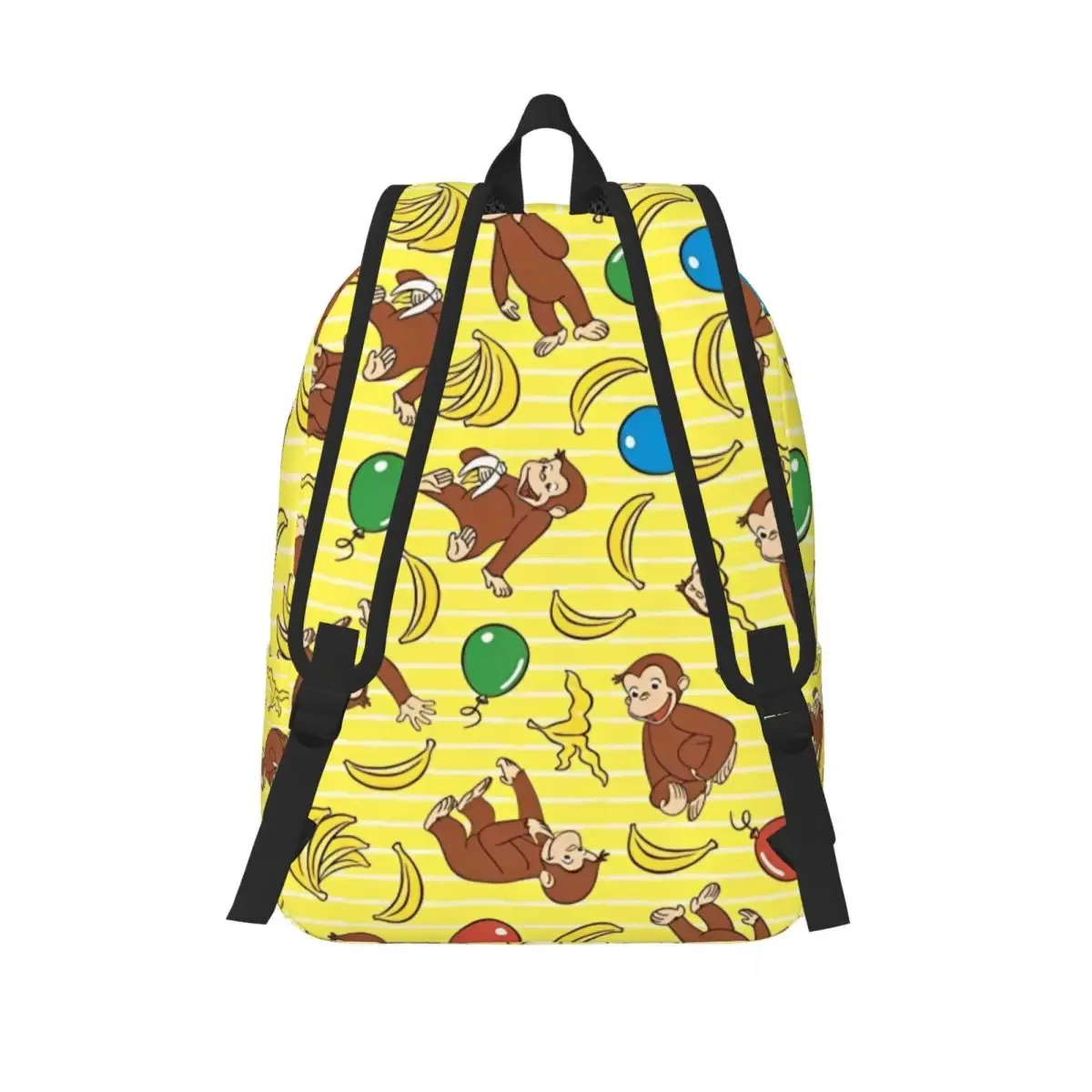 sac dos toile polyester jaune vif singes bananes ballons rayures horizontales poche intérieure fendue fermeture éclair transport journalier