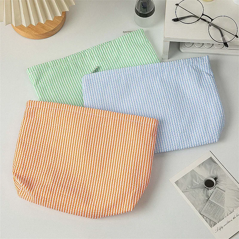 trousse de maquillage en gaze bulle pour femme, sac à main grande capacité, trousse de toilette brodé à rayures, pochette de voyage organisateur