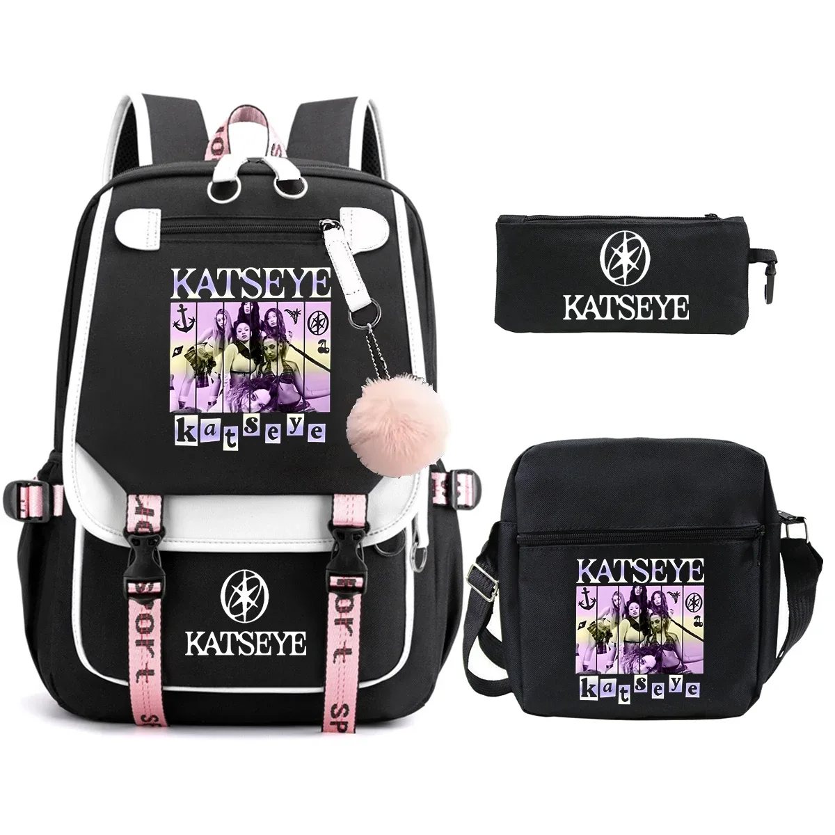 sac dos toile noire rose pastel groupe féminin dessin animé pochette bandoulière poches ouvertes courbe physiologique dos décontracté voyager étudiant scolaire ordinateur portable