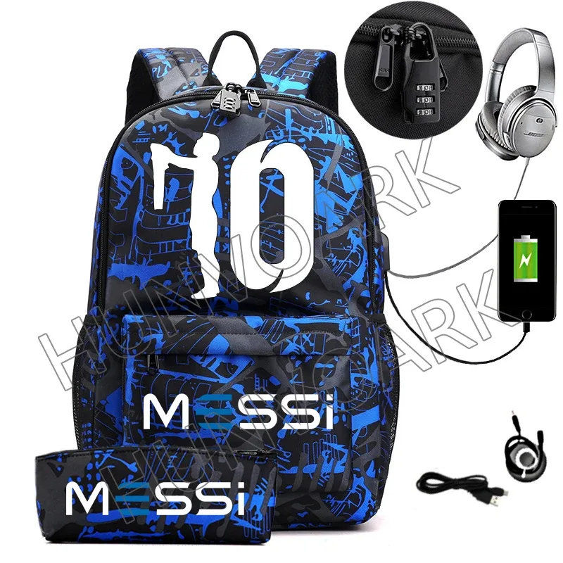 sac dos toile noir motif géométrique bleu blanc compartiment interne ceinture air usb adolescents école