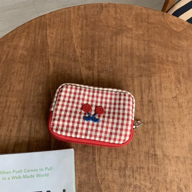 pochette de maquillage simple en coton à carreaux, sac de rangement multifonctionnel en tissu pour articles de toilette, porte-cartes, grande capacité, pochette cosmétique cerise unisexe