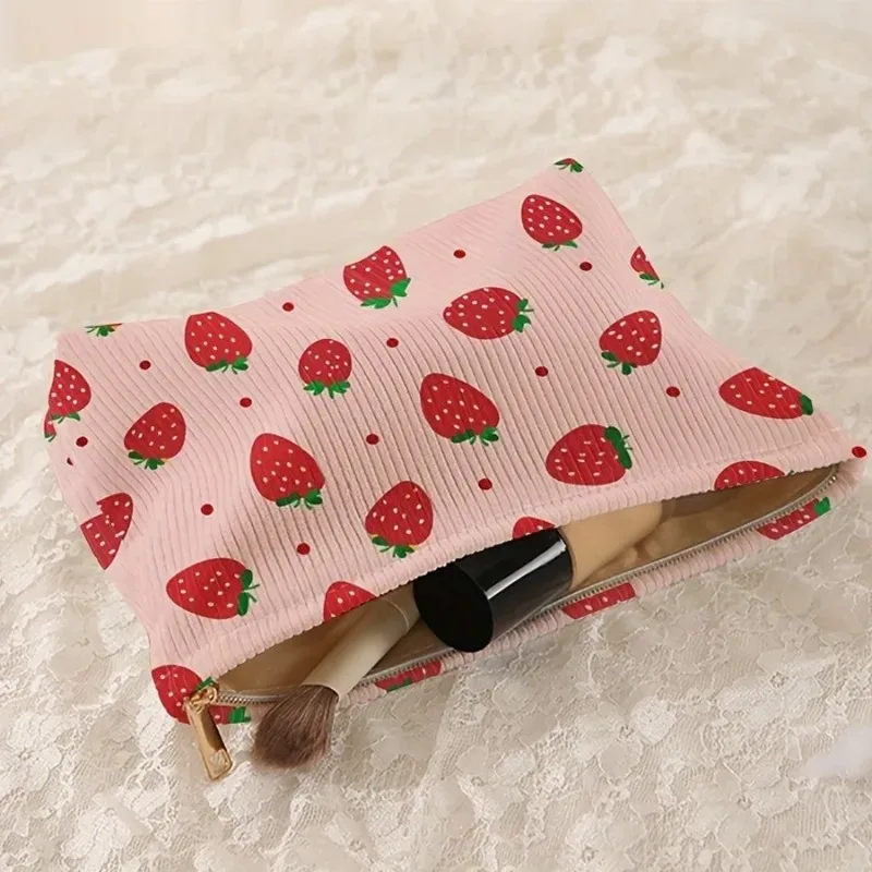 nouvelle trousse de maquillage rose fraise en velours côtelé robuste et durable, sac à main décontracté et mignon pour pinceaux et cosmétiques