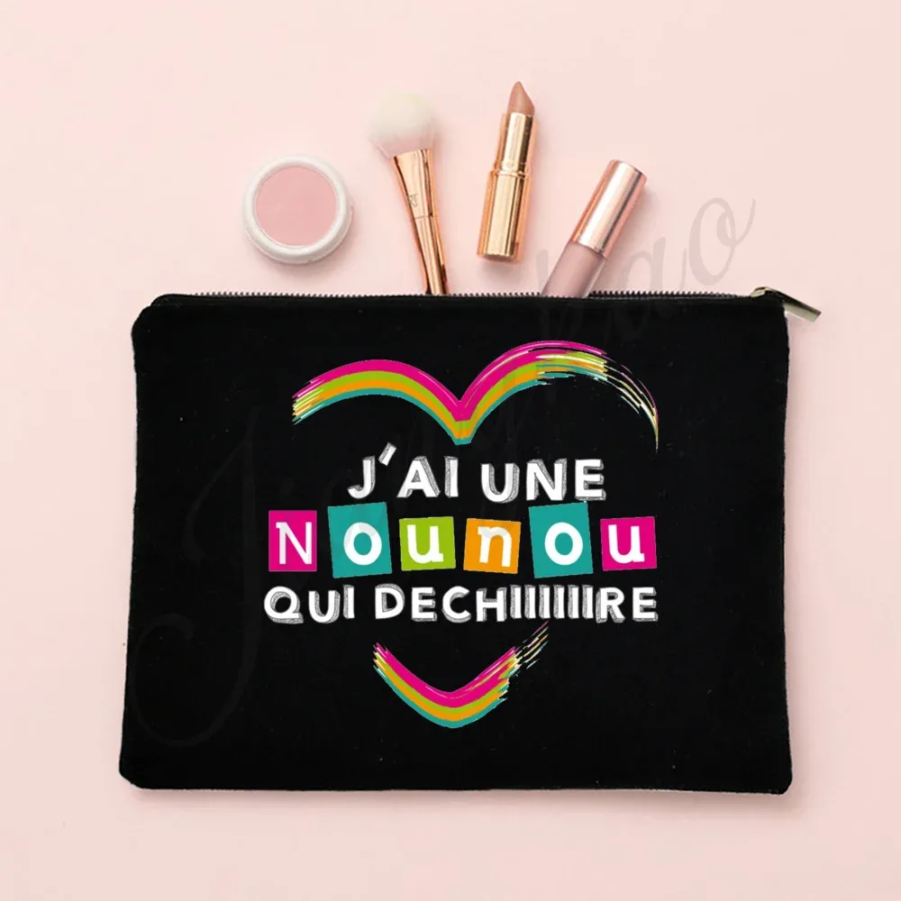 j'aime ma nounou, trousse de maquillage imprimée française, pochette de rangement de toilette de voyage, trousse à cosmétiques pour femmes, sacs à fermeture éclair, cadeau de remerciement pour nounou