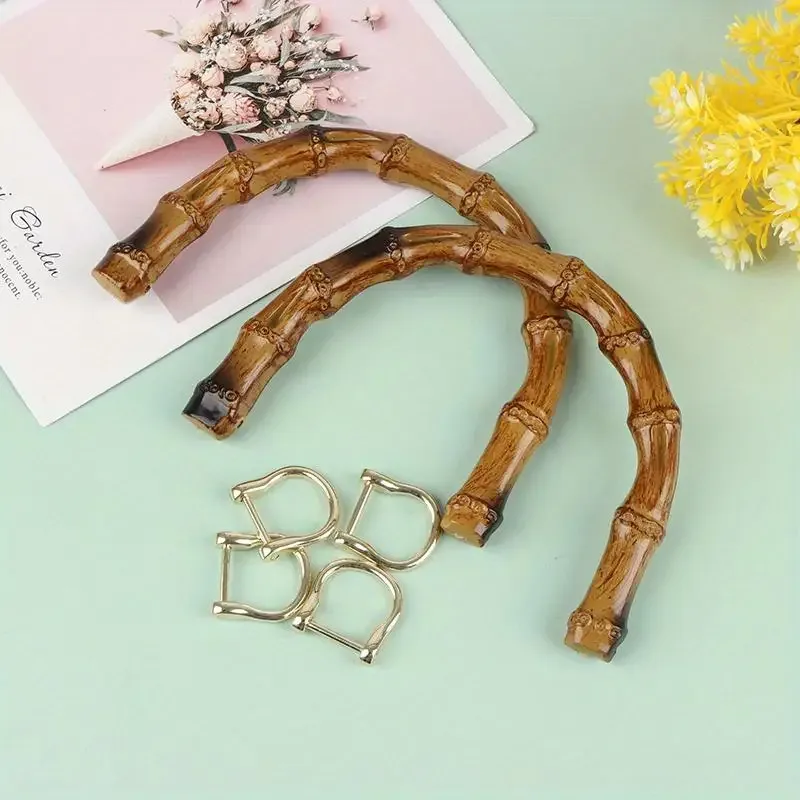 Poignée Sac Main Bambou Simulé Plastique Motif Naturel Anneaux Dorés Rose Marron Accessoire Remplacement Personnalisé Bricolage Artisanat