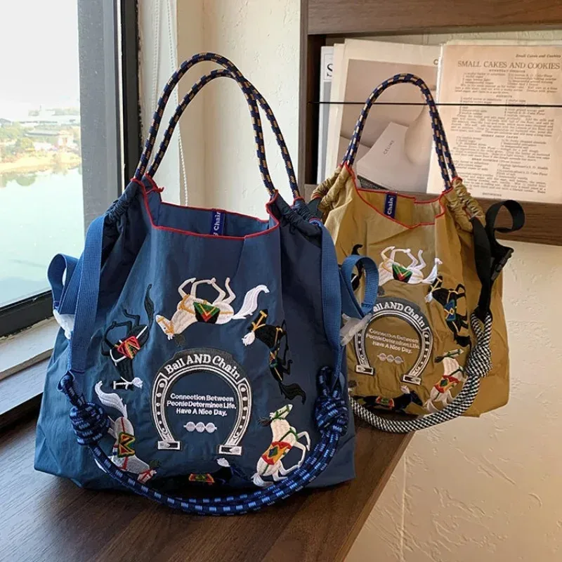 sac fourre-tout en nylon brodé pour femmes, sac messager de grande capacité, sac de shopping décontracté pour femmes