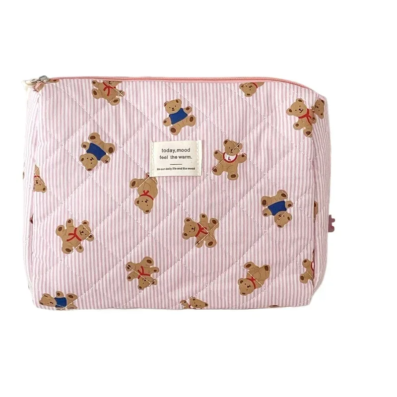 sac à cosmétiques motif ours rose beige pour femmes, joli organisateur de voyage de maquillage à fermeture éclair, sac à main féminin, pochette de toilette pour filles