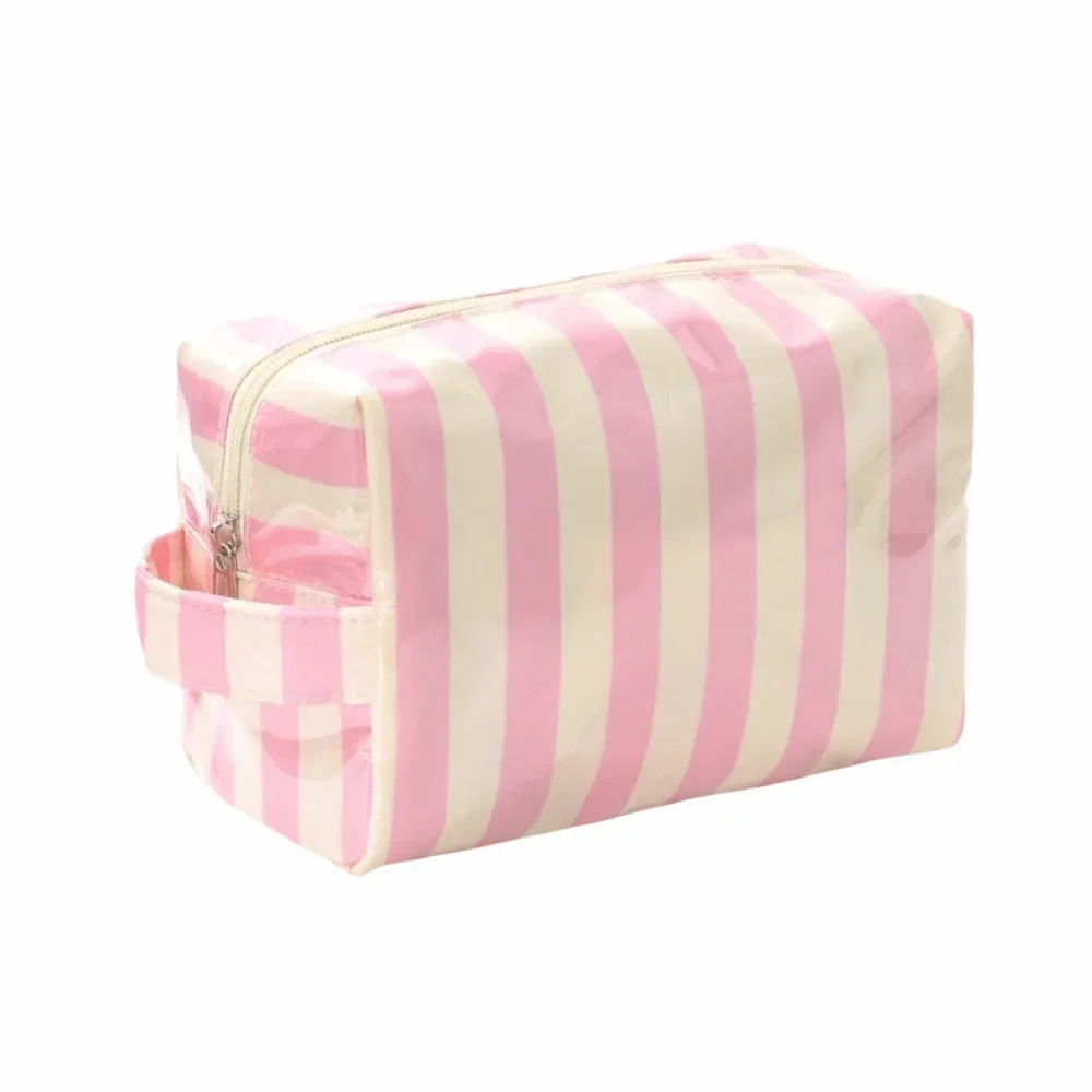 trousse de toilette rayée imperméable rose simple sac de rangement cosmétique de voyage grande capacité portable organisateur de maquillage en pvc plage