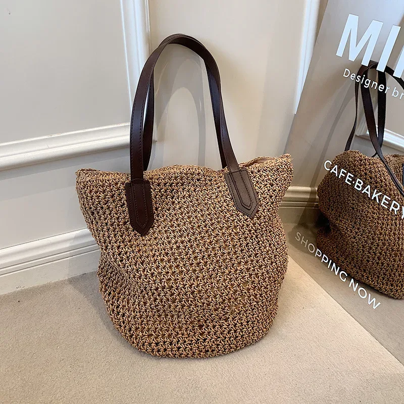 sacs de plage d'été pour femmes, sacs à bandoulière tissés en rotin faits à la main, sac en paille de grande capacité, sac à main bohème décontracté de voyage, fourre-tout