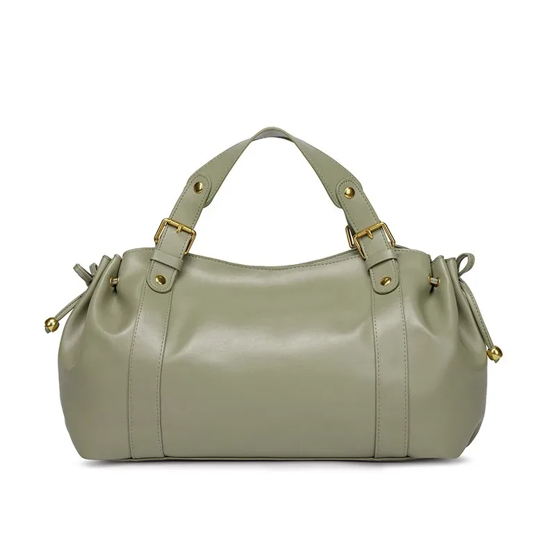 sac fourre-tout vintage en cuir souple plissé avec cordon de serrage, grand sac à bandoulière simple pour femme, sac de travail boston