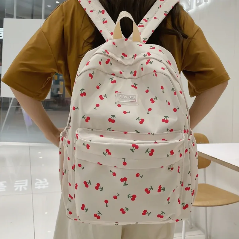 sac à dos tendance pour femmes, motif cerise, sac à dos de voyage, sangle réglable, fermeture éclair, pour le travail, le shopping, l'école