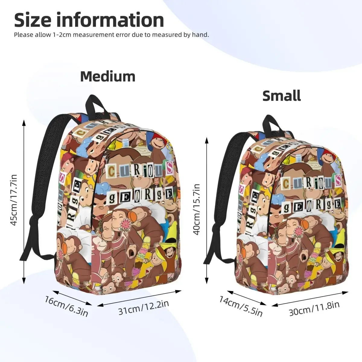 sac dos toile imprimé curious george kaki gris vert doré marron bleu beige noir voyage lycée randonnée