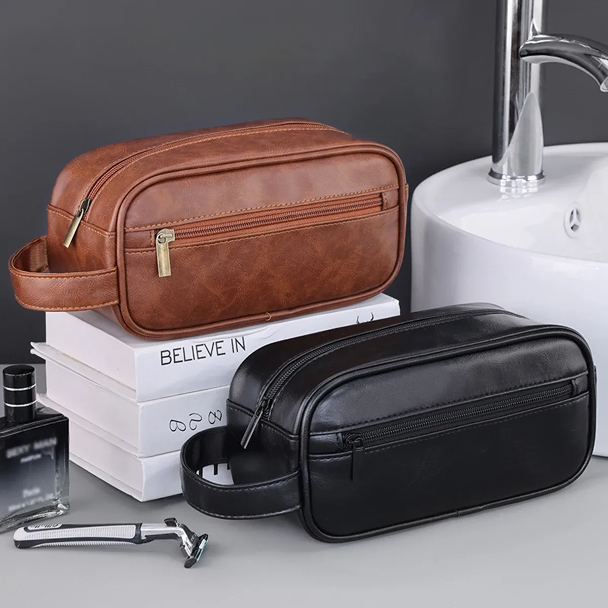 sac de toilette de voyage en cuir pu pour homme, sac de rasage portable imperméable, organiseur de cosmétiques multi-poches, trousse de toilette pour voyage