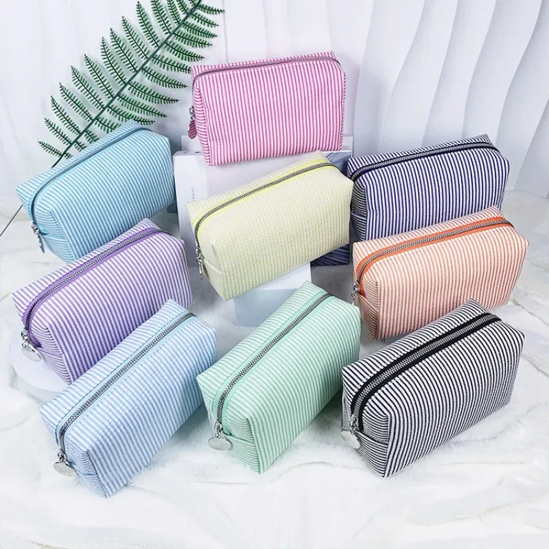 sacs à cosmétiques à volants pour femmes, sacs de rangement à rayures rose/violet, sacs de maquillage pour dames avec fermeture éclair, sac de voyage, trousse de maquillage
