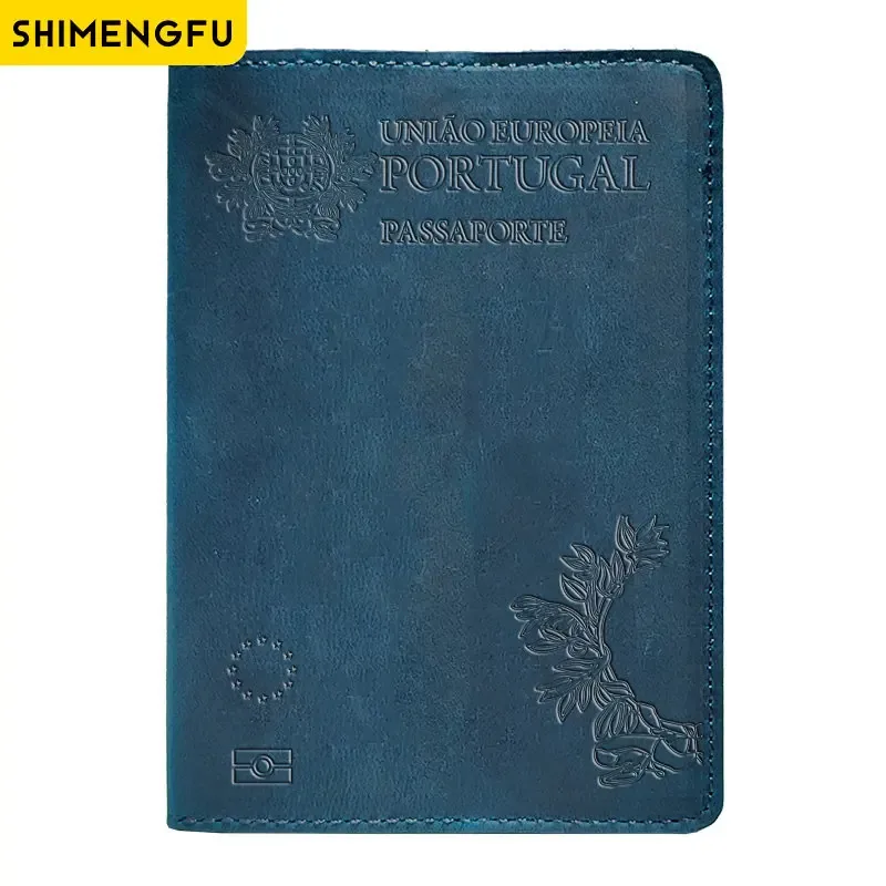 couverture de passeport unisexe en cuir véritable, porte-passeport portugais rétro vache, étui de protection, portefeuille de voyage