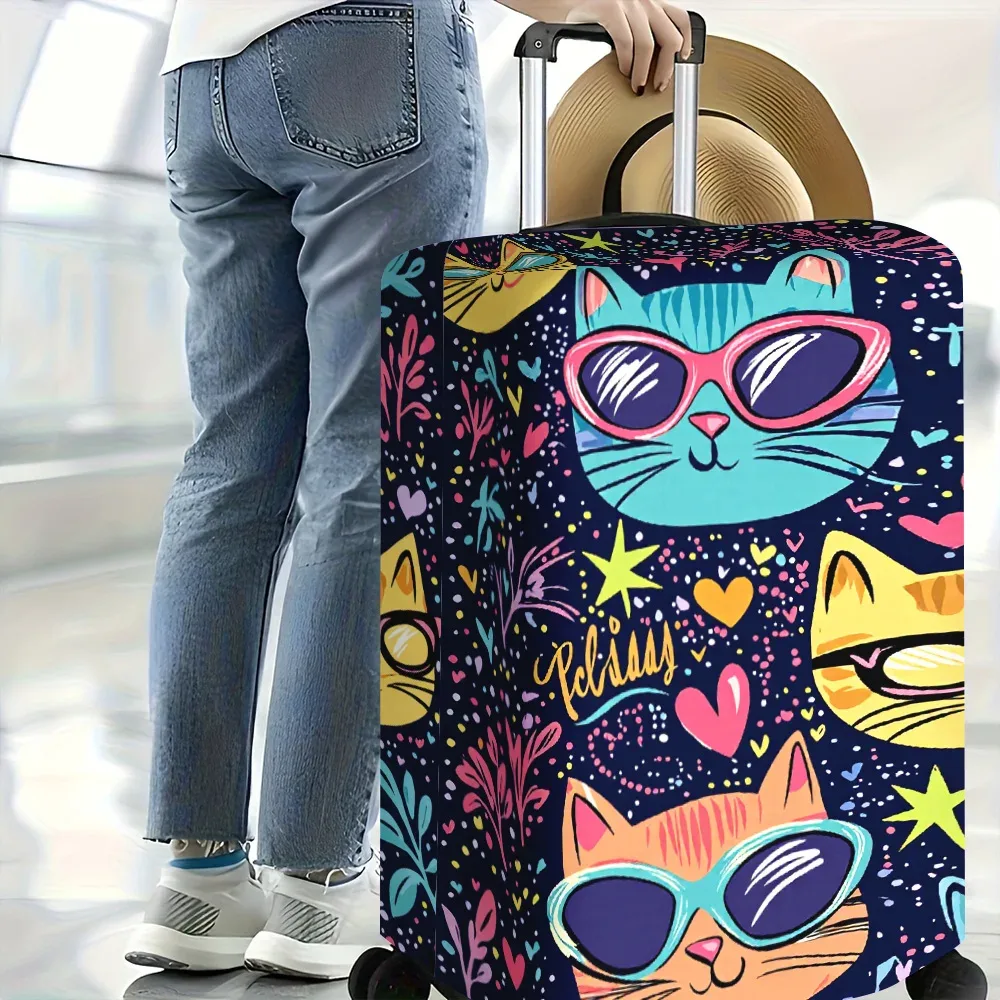 housse valise polyester joyeuse chats lunettes coeurs étoiles fleurs fond noir protection voyage taille variable
