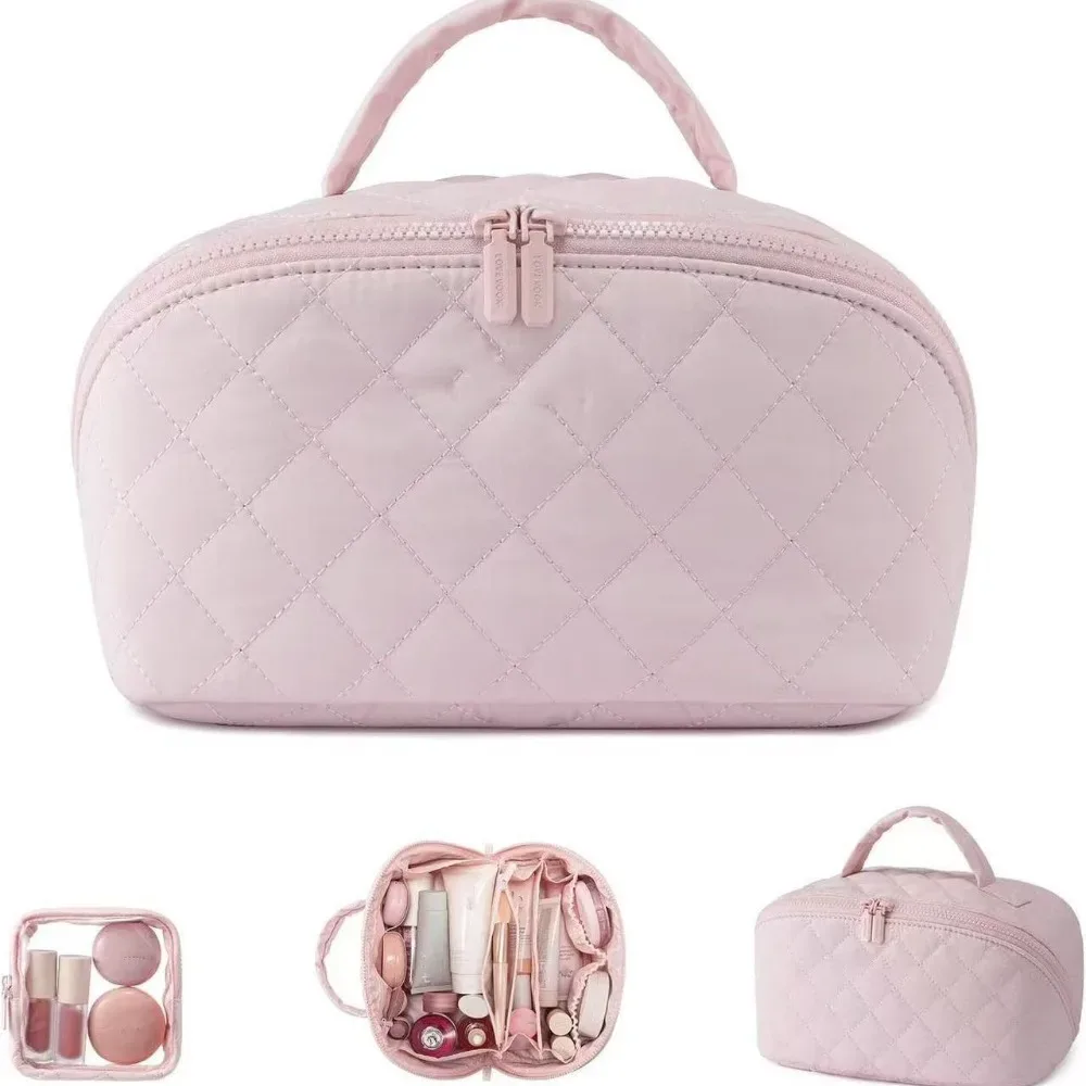 trousse de maquillage portable à large ouverture pour femme, étui à cosmétiques plat et résistant à l'eau, organisateur de voyage pour articles de toilette et pinceaux