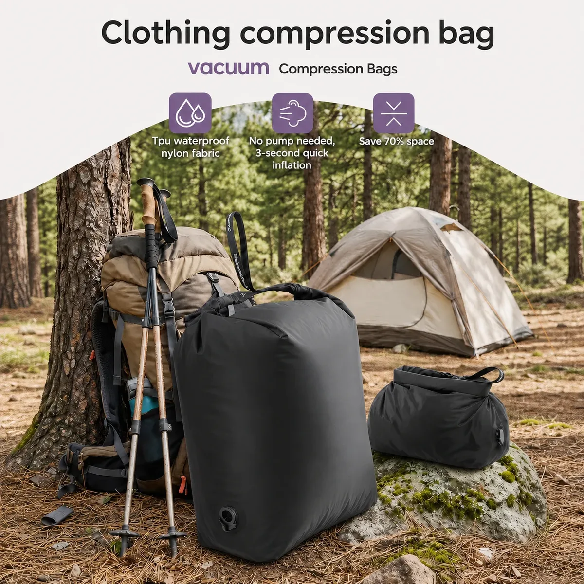 sac de compression sous vide pour camping en plein air, sans pompe, organisateur de rangement étanche pour sac de couchage, randonnée, sac à dos, gain de place
