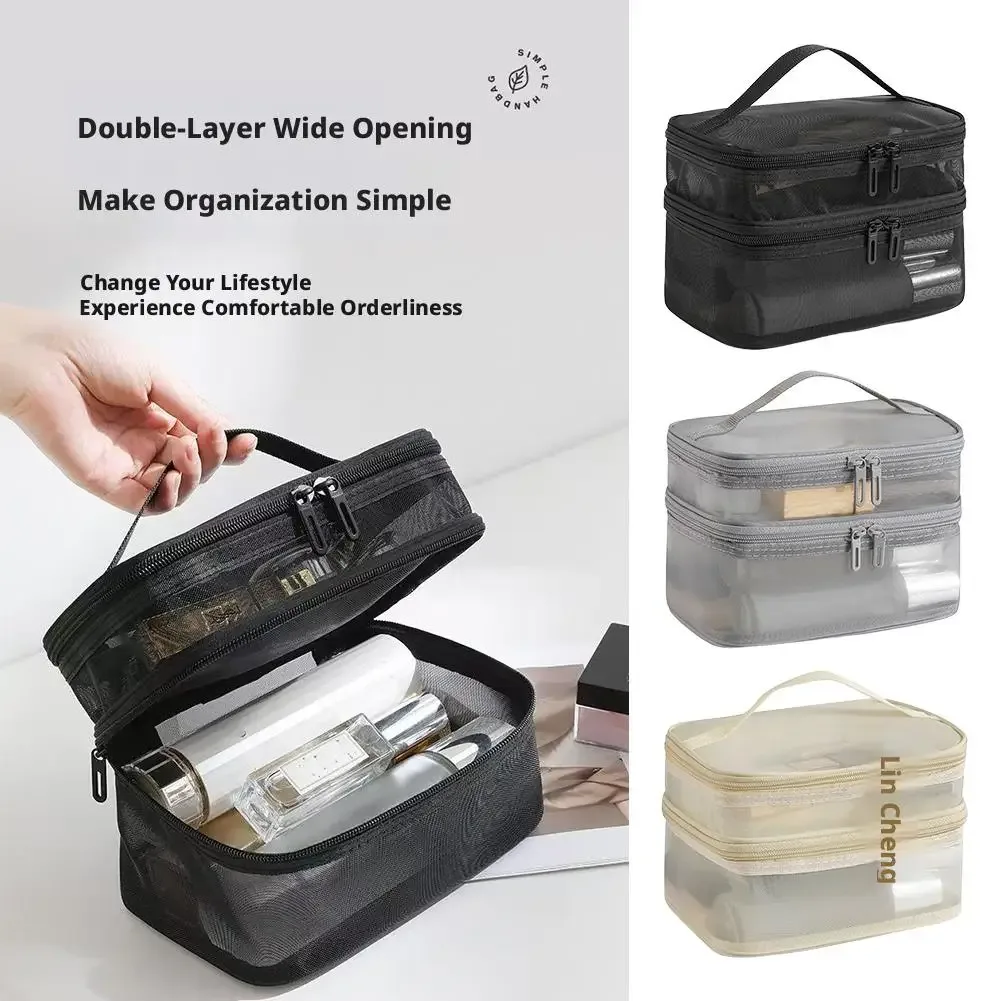 sac à cosmétiques en maille double couche, organiseur de maquillage de voyage, pochette à maquillage transparente à double ouverture, trousse de toilette portable imperméable pour femmes