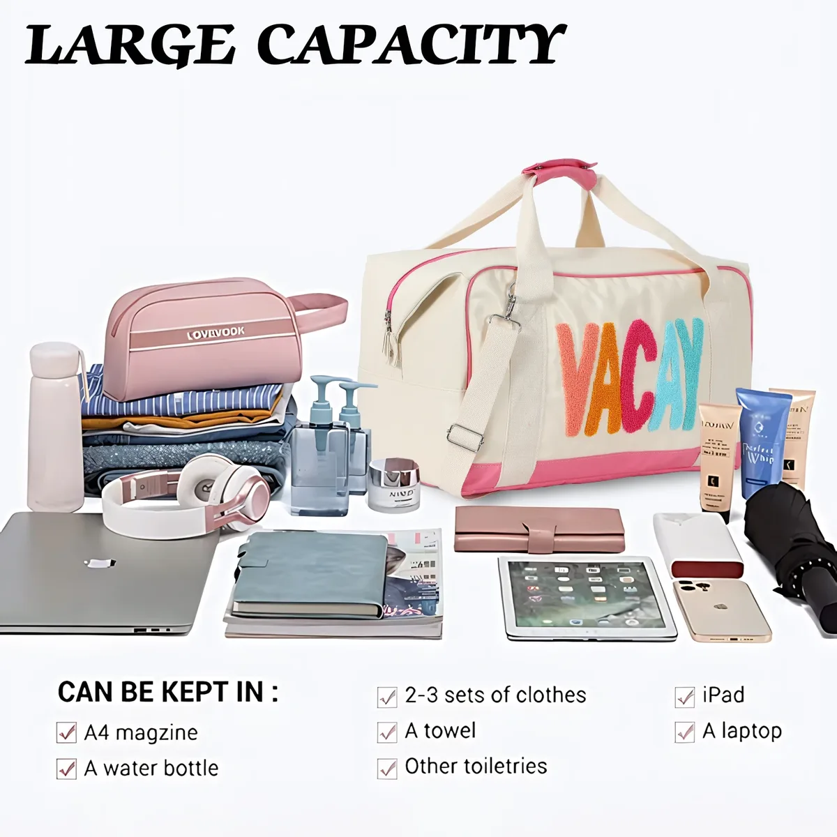 sac voyage nylon beige bandoulière amovible poignée supérieure week-end lettre brodee femmes vacances doux
