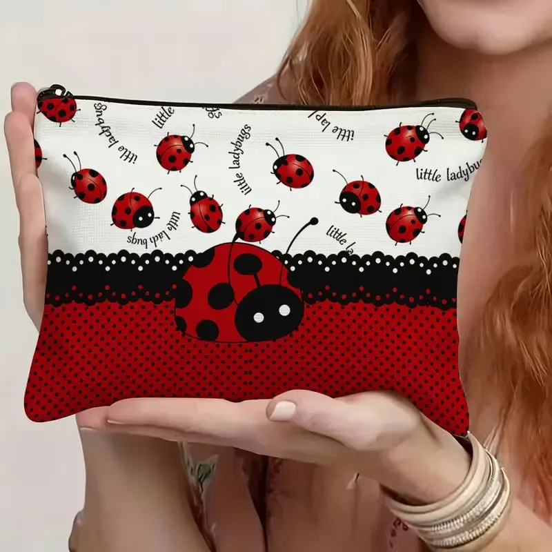 1 pièce, trousse de maquillage imprimée coccinelle, fermeture éclair durable, indispensable pour les voyages fréquents, rangement d'accessoires exquis, en lin durable