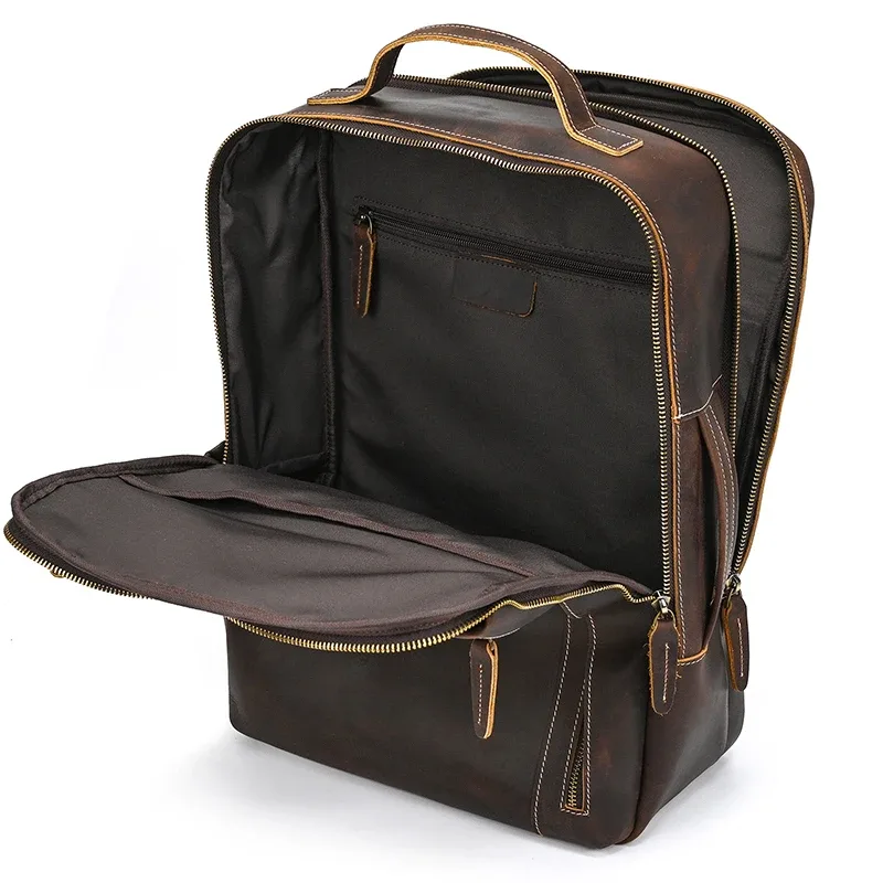 sac dos cuir vache marron polyester doublure 20 35 litres poches latérales grande ouverture usage voyage hommes