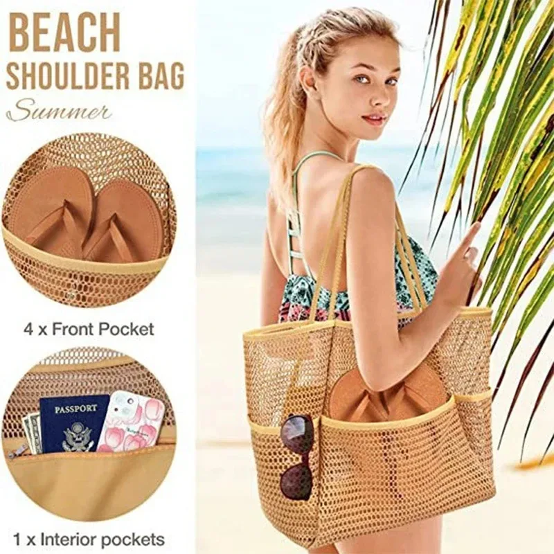 sac de plage en maille pour femmes, sac à bandoulière de grande capacité, sac de rangement portable de voyage, sac à main multifonction