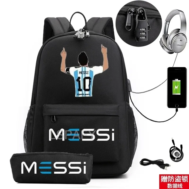 sac à dos messi tendance (lot de 2) – anti-vol, unisexe, simple, pour ordinateur portable, avec port usb, grande capacité, idéal pour les voyages, l'école, les garçons et les filles