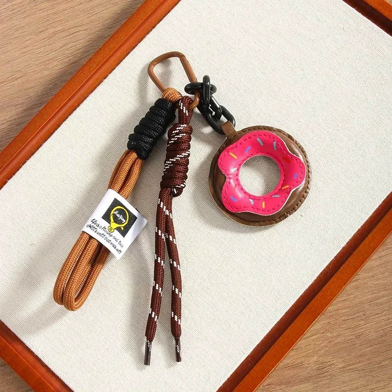 porte-clés créatif en cuir pu en forme de donut, pendentif de sac en corde tressée mignon, accessoires de décoration de sac à dos coréen simple et tendance, cadeau