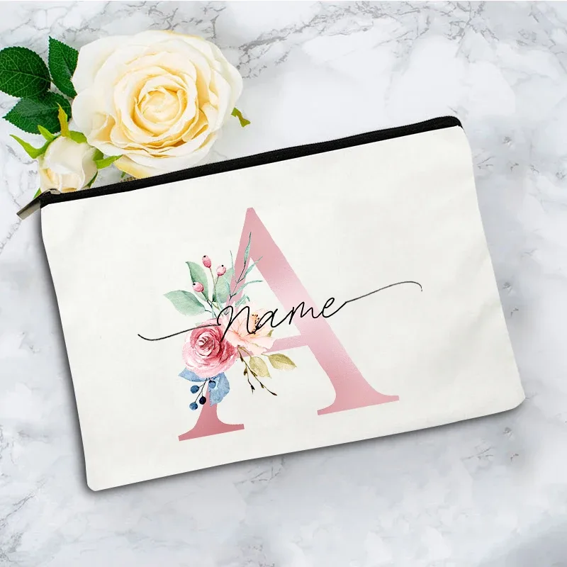 trousse de maquillage personnalisée rose à motifs floraux avec initiale, pochette cosmétique en toile personnalisée, organisateur de voyage pour articles de toilette pour femmes