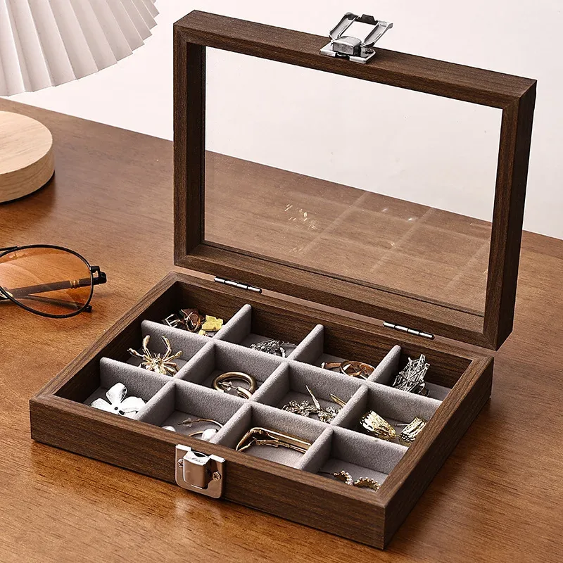 boîte à bijoux motif noyer avec couvercle, étui de rangement pour bagues, boucles d'oreilles, bracelets, chaînes, plateau de présentation en bois dur de style décontracté