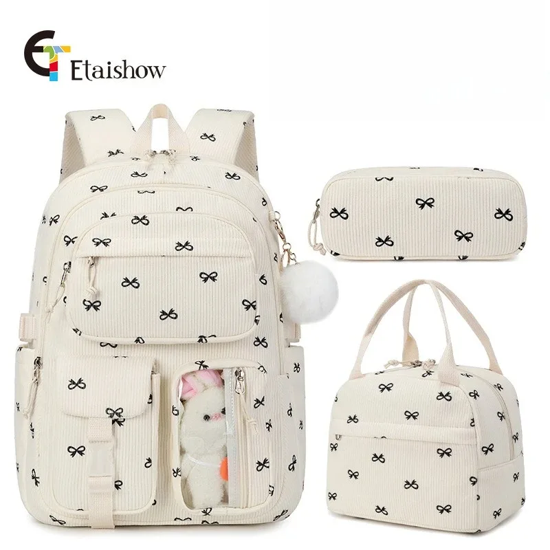 sac à dos d'université en velours côtelé, 3 pièces, avec sac à déjeuner, trousse à crayons, mignon fille, école, imprimé fraise, ensemble de sac à dos pour adolescentes et femmes