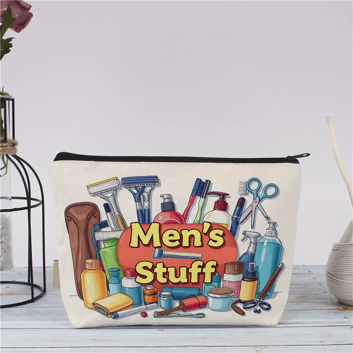 trousse à cosmétiques pour hommes, organisateur de voyage réutilisable avec imprimé « articles pour hommes», blanche avec sacs de maquillage et de toilette colorés, fermeture à glissière